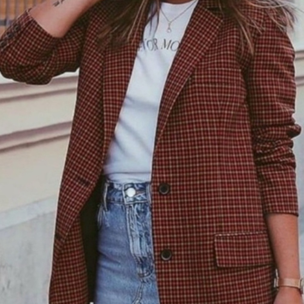 RARE LIKE NEW! Zara Burgundy Checkered Blazer Tops Shirts Womens Size XS